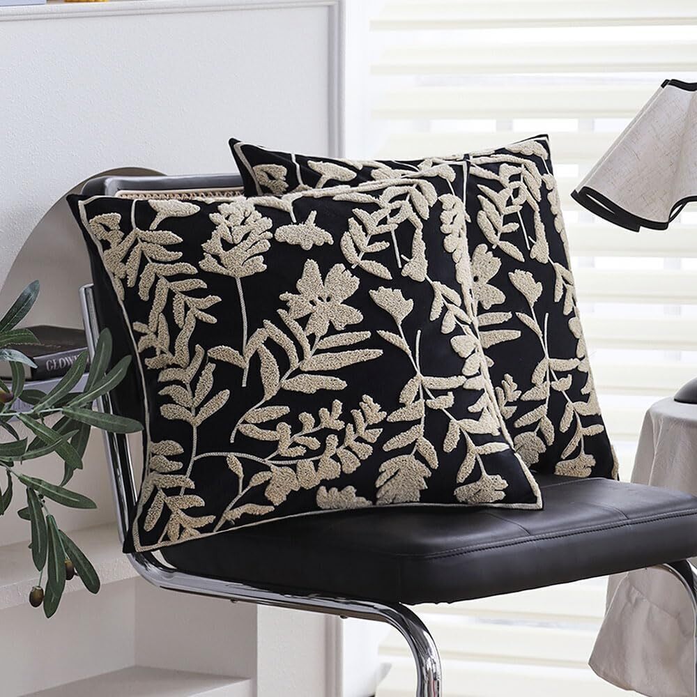 1124 2 Pack 18x18 Inch Velvet Pillow Covers w/ Botanical Embroidery Green